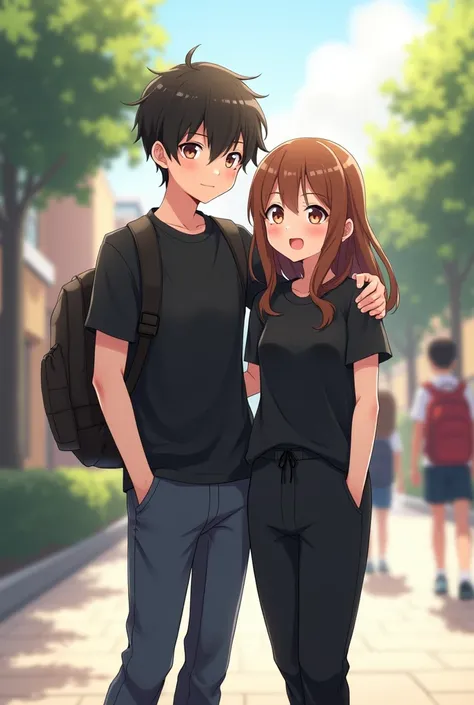 In anime frame a boy is 1 inch taller than girl and they wear black shirt tshirt Jeans and joggers boy has taken his hand on girls shoulder and they have taken selfie  they are in school and they are looking at camera they are just good friend without any ...