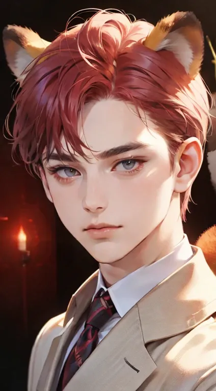 a mature, charming young man, 3, ((with red eyes)), short right-swept dark pink hair, thick eyebrows, wearing a suit, in a quiet, smile in love expression, cute face , blush 1/3, (red panda ears), (red panda  long tail), gazing at the audience, against a p...