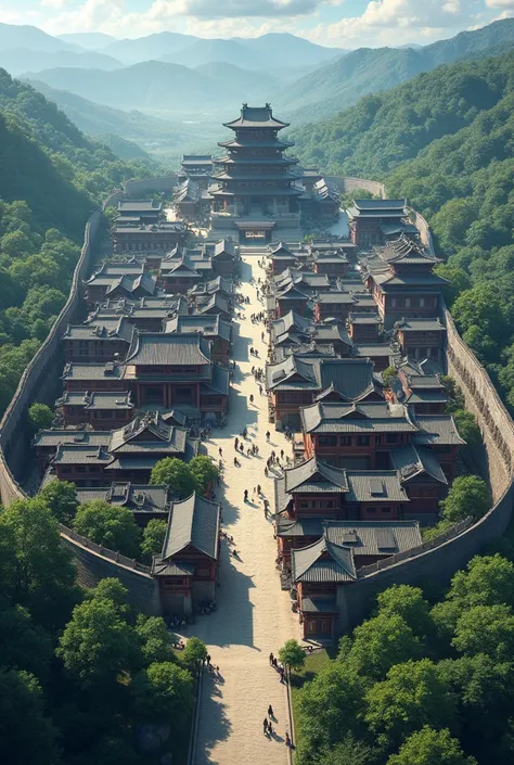 an aerial view of a feudal japanese principal city surrounded by walls