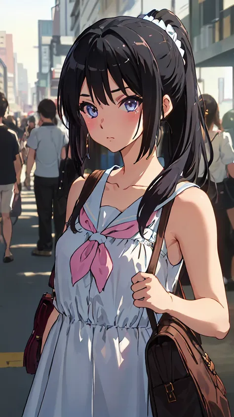 solo, {kousaka_reina_soundeuphonium:1.15}, black hair, long hair, purple eyes, blush, bangs, closed mouth, ponytail, 
BREAK (serafuku, bare shoulders, dress, sleeveless, collarbone, bag, handbag, scrunchie, sleeveless dress, 
:1.2)
BREAK (masterpiece:1.2),...