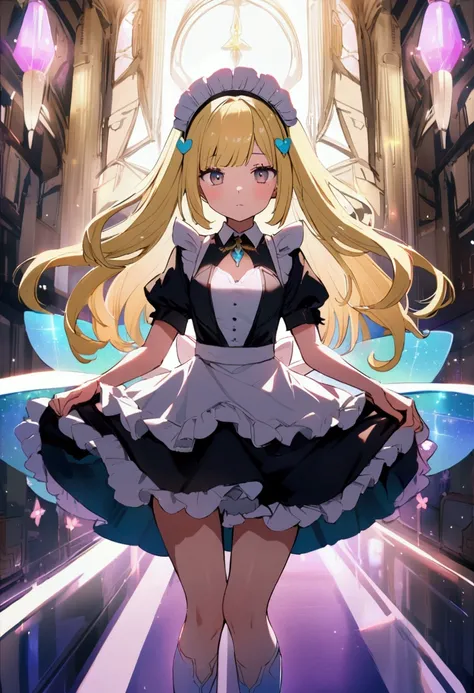 A maid with cute clothes and an innocent face, with long blonde hair.