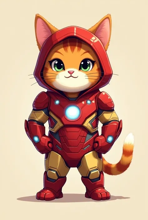 Cute cat as ironman marvel super hero standing straight foward fit body with full hoodie