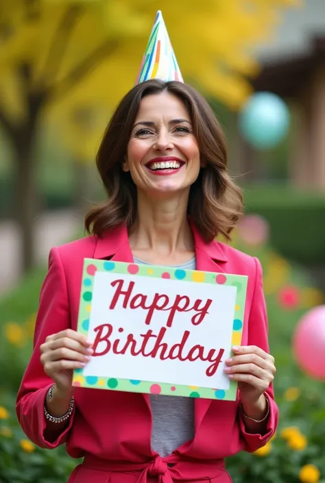 A happy 40th birthday image of a woman holding a sign