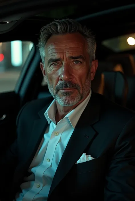 Absurd resolution, high resolution, (masterpiece: 1.4), hyperdetail, 1boy, face focus, night, mature man, successful person, black suit, jacket, white shirt, serious and cold expression, sitting in a luxury car (1.3)