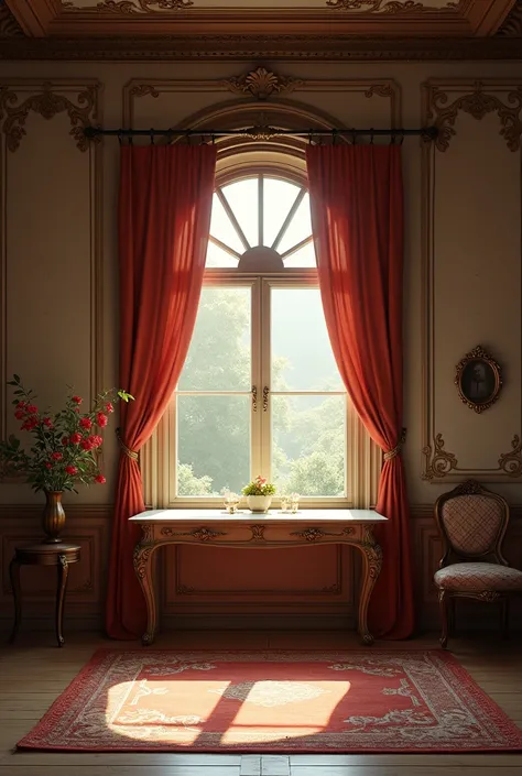 An ancient romantic room with a table open window realistic image 2d illustration 4k image 