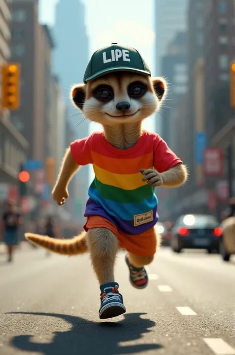 Meerkat running on the street with Puma sneakers , and lgbt shirt, and a cap with the word lipe written on it