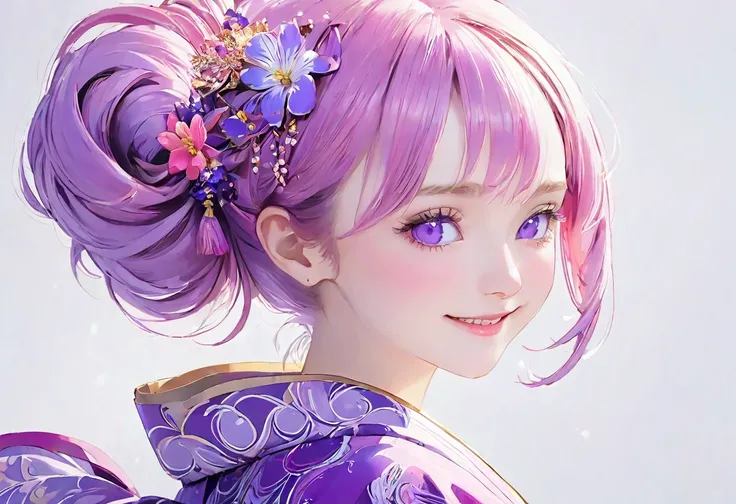 (((White background)))、2、Unity 8k wallpaper、Super detailed、Beautiful and aesthetic、masterpiece、Highest quality、(fractal art:1.3)、One Woman、, violet eyes, Beautiful violet hair、Japanese、Big pink、Violet kimono、Japanese..., violet hair, violet eyes, hair bun,...