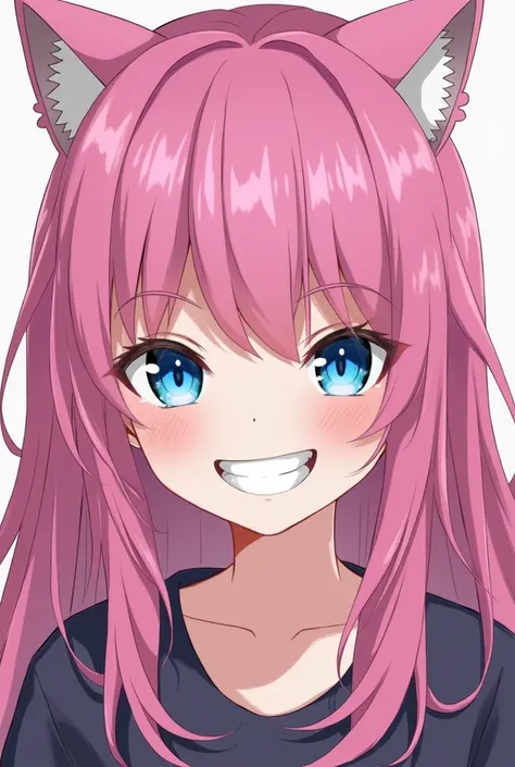 One girl, Long Hair, High resolution, bangs, Hair that falls over the shoulders, blue eyes, Longitudinal pupils/cat&#39;s eyes, Bright Eyes, Droopy eyes, Open your eyes, smile, Pink hair, smiling and showing teeth, smiling, Odd Eye, Cat ear

