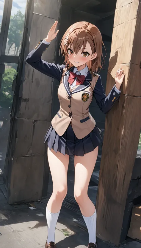 Ultra-high definition image quality、beautiful girl、Misaka Mikoto、high school girl、A Certain Scientific Railgun 、Blazer Uniform、Short pleated skirt、Schoolyard、Highest quality,Stand with your feet apart、Model standing、A devilish smile、4K quality、Ultra HD、Whi...