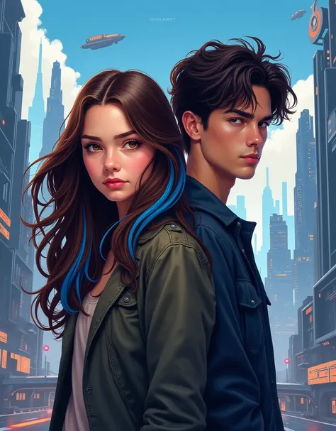 Young adult book cover. Realistic illustration style. One image is of a girl with brown hair and a blue streak. One image is of a handsome young man with dark hair. With a city futurista background.
