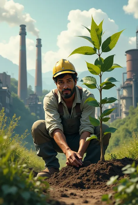 Create an image that contains the change of industries in the communities and how this affects the environment and that shows a worker digging to plant a tree 
