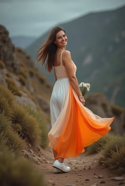 high quality, a woman with brown hair,wear a white orange dress, wearing white shoes ,carrying daisies, look at the camera, smile, walking on rocky hills,dark cloudy sky