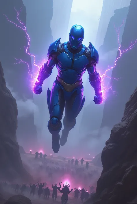 Warrior in blue armor and blue closed helmet falling from the sky towards a herd of monsters, the warrior&#39;s left fist has sparks of purple lightning 