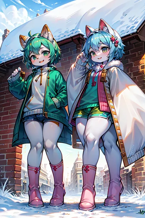 smile, Short light green hair with a hair accessory, and winter clothes with a light green striped jacket, Golden zipper, Blue shorts with white ruffle trim, Dark green leggings, Pink boots with white fur trim, Fluffy white earmuffs, Playful pose with one ...