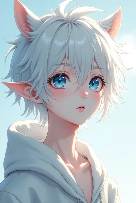 A 1 anime boy with a delicate face and pale skin with slight dark circles under his eyes, messy and a little long white hair, Blue eyes a little big and has an innocent expression, with calf ears and small calf horns