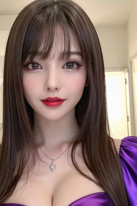 (Highest quality、Tabletop、8k、Best image quality、Award-winning works)、(One Girl, :1.3)、(Purple Party Dresses:1.2)、(Red eyeshadow:1.2)、Perfect Makeup、Long eyelashes、Ultra-high definition sparkling eyes、Ultra HD Hair、Ultra-high resolution glossy lips、Ultra Hi...