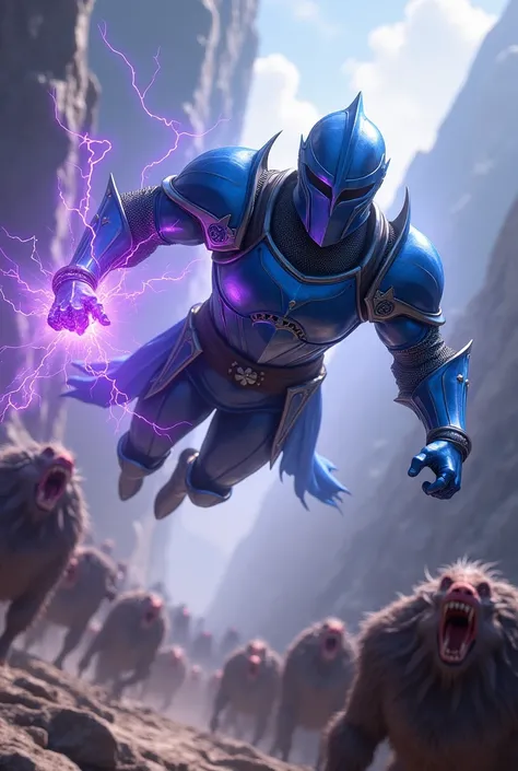 Knight in blue armor and blue closed helmet falling from the sky towards a herd of monsters, the warrior&#39;s left fist has sparks of purple lightning 