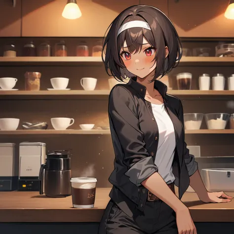 One, girl, dark hair, dark skin, short bob, red eyes, she is wearing ((black jacket with rolled up sleeves)), fingerless gloves, white T-shirt, ((white headband)), black pants, white shoes, brown belt, shy expression, smile, blush, high quality, masterpiec...