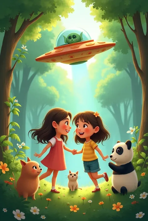 In a green forest, two girl bestfriend playing happily with a small baby girl,a cat , a panda,a pig and an alien is looking them from a UFO 