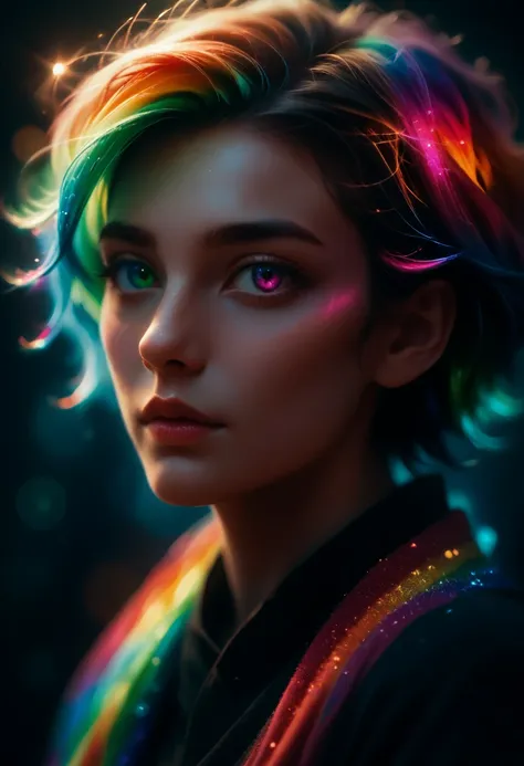 {{masterpiece}}, best quality, extremely detailed CG unity 8k wallpaper, cinematic lighting, lens flare, beautiful detail eyes, black,  side glance,  multicolor hair, colorful light, particles, heterochromia, (colorful:1.5), (colorful hair:1.5),