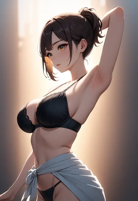 (masterpiece), best quality, highres, highest quallity, illustration, cinematic light, dramatic shading, sunset, good lighting, volumetric lighting, backlighting, light rays, perfect dynamic composition, 1 girl, solo, thin, thick thigh, upper body, large b...