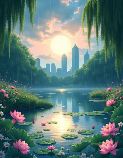 Create a highly detailed An anime-style illustration of a peaceful, serene park during a gentle rain. In the foreground, a calm pond is filled with lily pads and blooming lotus flowers, their petals adorned with small water droplets. The ponds surface ripp...