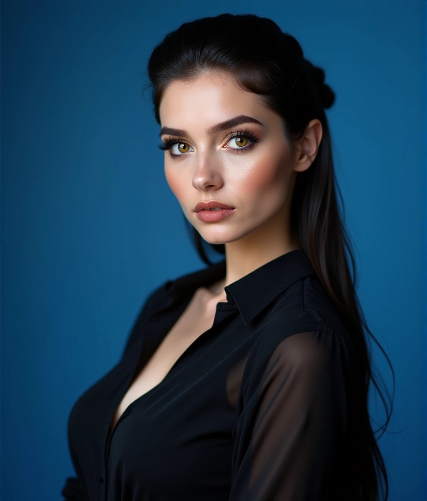 Bust chart, Focal length 35mm, Canon, simple background, foreground, woman , skin very white, yellow eyes, without blushing, huge eyelashes, full lips Shy, very big eyes long straight black hair, elegant hairstyle hair updo, medium breasts, Black blouse Ma...