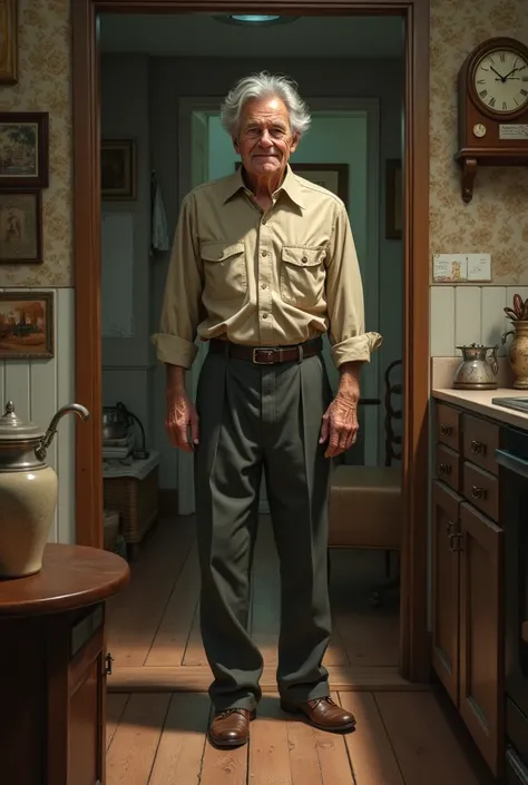 Old man in a somewhat old house, getting ready for work 