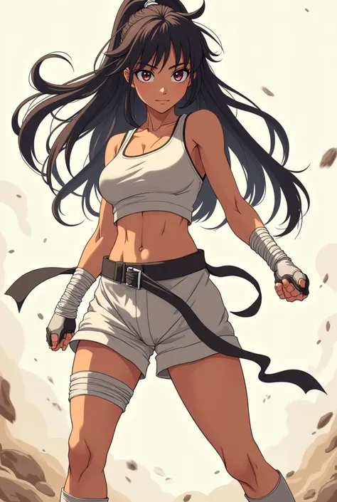 anime, Young woman, fighter, athletic body, mullet, bandaged hands, bandaged legs, brunette, long hair, full length, fighting stance