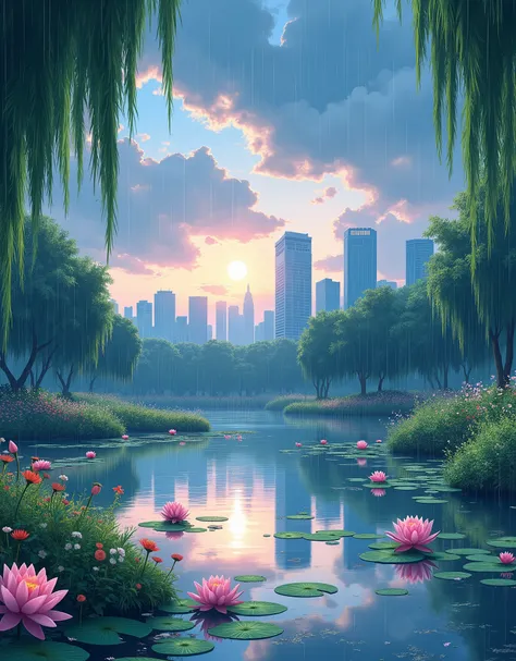 Create a highly detailed An anime-style illustration of a peaceful, serene park during a gentle rain. In the foreground, a calm pond is filled with lily pads and blooming lotus flowers, their petals adorned with small water droplets. The ponds surface ripp...