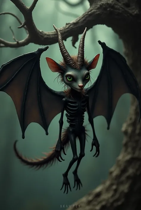 Short, green eyes, brown hair, skinny, bony bones, round head, hanging from a tree like a bat, looks like a bat, tail like a goat, black body with wings, very scary, no horns.