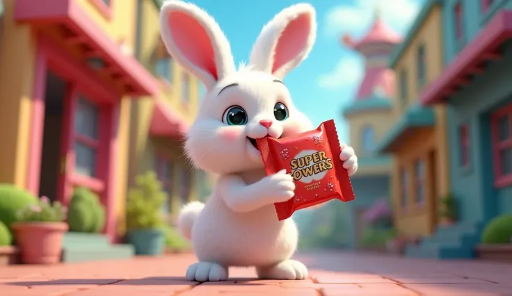  .benny the White rabbit Out comes a piece of bubblegum labeled "Super-Powers in Every Chew!"  3d  cartoons