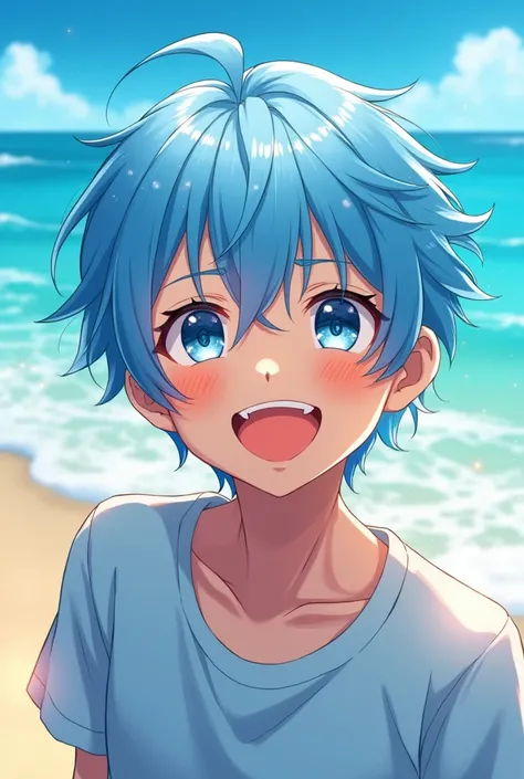 Blue Hair/Light blue hair, blue eyes, Sparkle Effect, anime, solo, laughing, Ocean,Sandy Beach,male,Wave Background