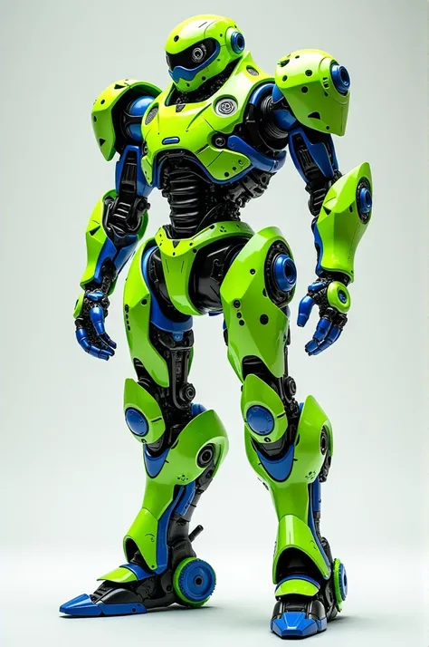 Create a human-shaped robot made from Chinese motorcycle parts The robot is fluorescent green, royal blue and black