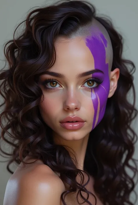 Make a bald brunette woman with curly hair with baby hair with brown eyes with a purple stripe