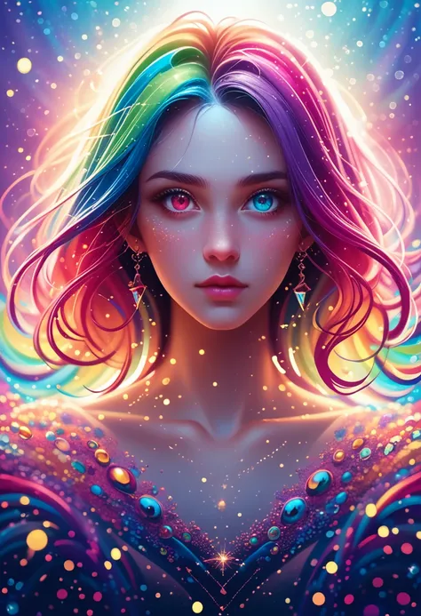 {{masterpiece}}, best quality, extremely detailed CG unity 8k wallpaper, cinematic lighting, lens flare, beautiful detail eyes, black,  side glance,  multicolor hair, colorful light, particles, heterochromia, (colorful:1.5), (colorful hair:1.5),