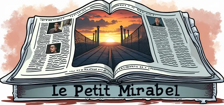 Un logo pour un journal qui sappelle "Le Petit Mirabel". Le journal est ouvert et on voit la photo ci-joint qui en sort et le titre ecrit en dessous. Le logo est dans les tons rouge