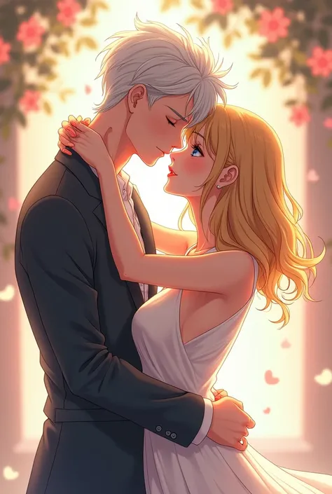 Creates an anime drawing style illustration of a couple having intimate sexual relations. He is a tall young and attractive man with sharp eyes and light blue eyes. He has bright white fringed hair and she is a blonde woman with shoulder-length yellow hair...