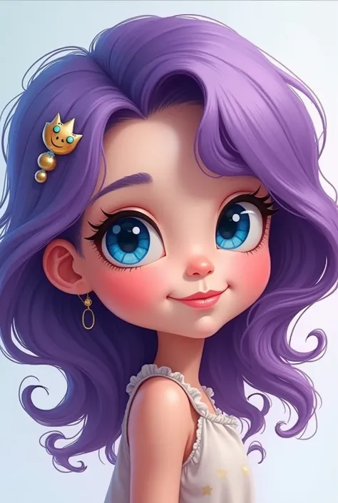 Light-skinned child girl, blue eyes, purple hair waving cartoon