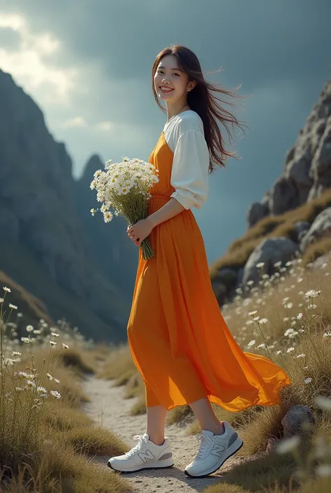 high quality, an asian woman with brown hair,wear a white orange dress, wearing newbalance white shoes ,walking carrying daisies, look at the camera, smile, rocky hill background,dark cloudy sky