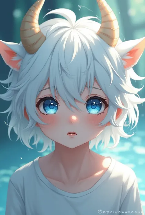 A 1 anime boy with a slightly delicate white-skinned face with slight dark circles under his eyes, long messy white hair, blue eyes a little big, with calf ears and small calf horns