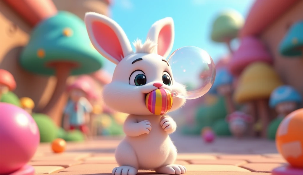  .benny the White rabbit Benny chews the gum and blows a bubble that lifts him into the air  3d  cartoons