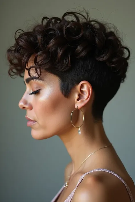 Femme  brune  espagnole  40 ans view of two, very short curly bowl cut with the nape completely shaved down to the occiput, view of two ,  lowering the head, realistic, photo quality 