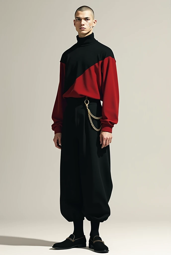 Sagani Masanara, buzz cut hairstyle, scar on face, small muscle,  wear black turtleneck and red long sleeves t-shirt, wear black long pants with chain wallet in the pants pocket, wear loafers shoes, standing  at floor