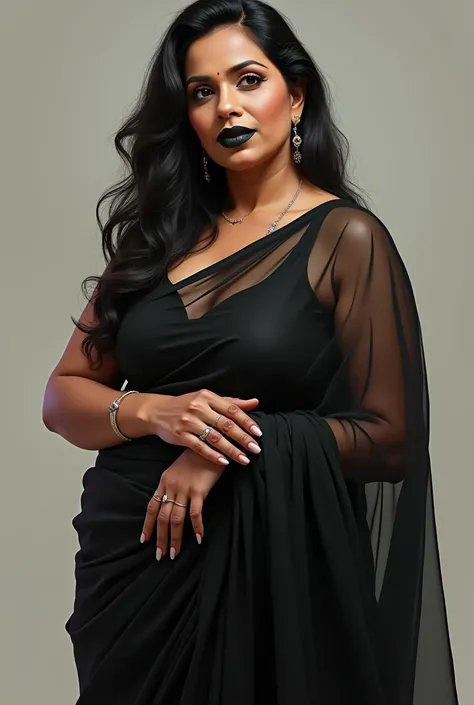 Indian sexy widow women in her fifty years , voluptuous body, hour glass shape body with semi transparent saree and black lips 