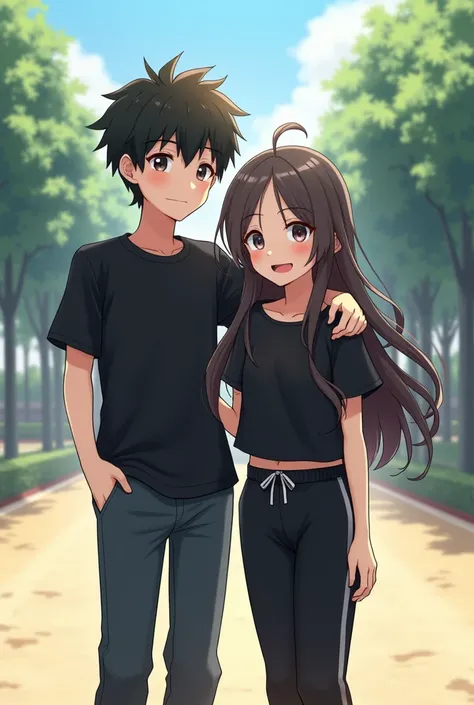 In anime frame a boy is 1 inch taller than girl and they wear black shirt tshirt Jeans and joggers boy has taken his hand on girls shoulder and they have taken selfie  and they are looking at camera they are just good friend and they are just friends they ...