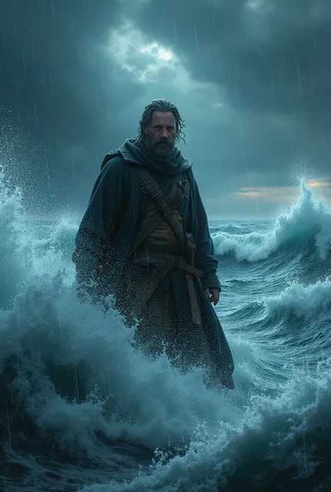 A man at sea during a storm

