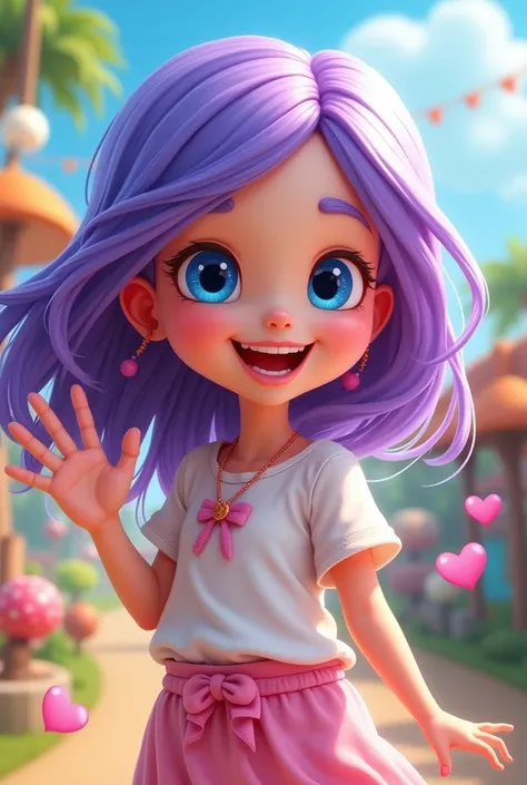  girl with purple hair and blue eyes, fair skin, waving cartoon