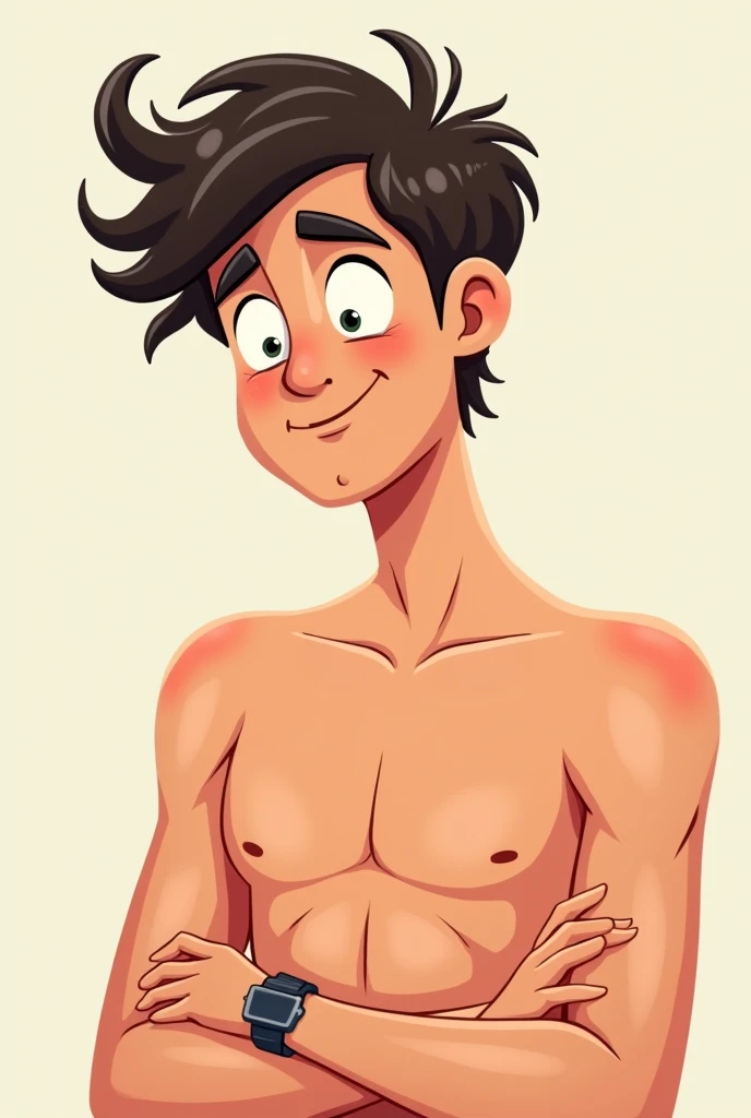 less engaged guy.  It is drawn in cartoon style.  No shirt