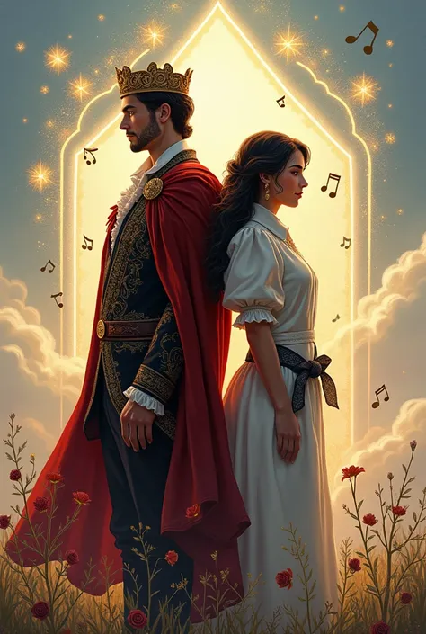 make a novel cover with illustrations  Prince Cedric and Alya stand back to back, Alya in modern clothes and Cedric in royal attire. Between them, there are musical symbols such as notes floating in the air, connecting them in a symbolic way. 